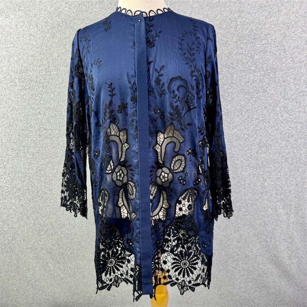 Elie Tahari Womens Tunic Cotton Silk Blend Blouse Floral Embroidery Lace Hem M